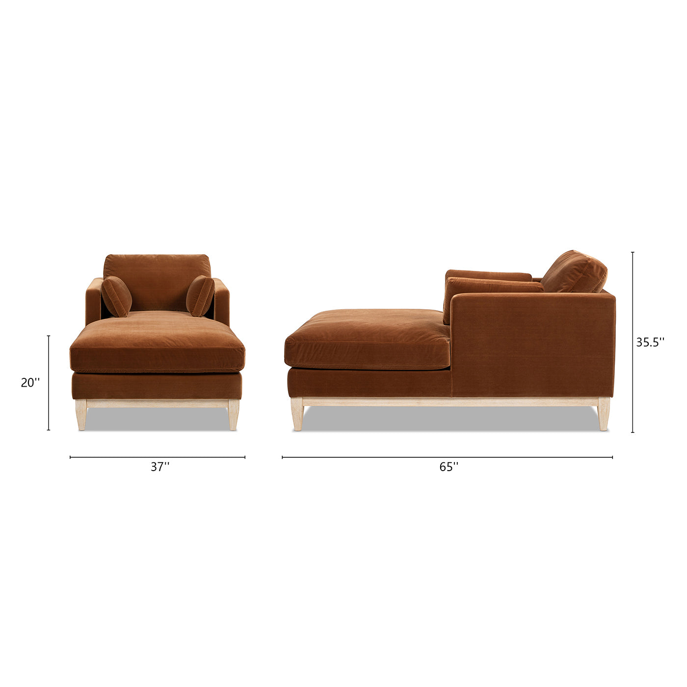 Dimension diagram of Knox 65' burnt orange chaise lounge chair showing 65.5” length, 37” width, and 35.5” height for accurate furniture planning.