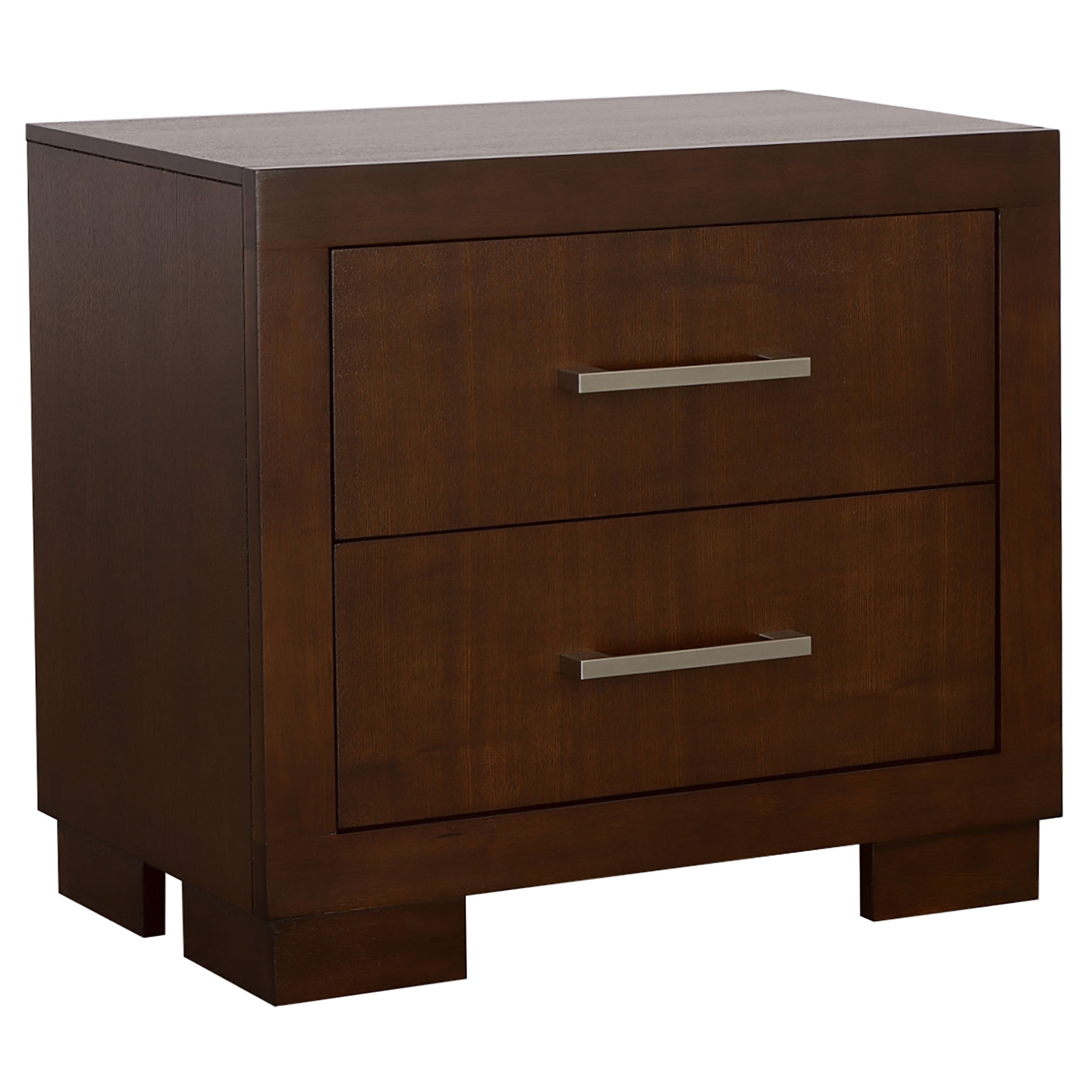 Cappuccino wood nightstand with two drawers and slim silver bar handles on a sturdy block-leg base.