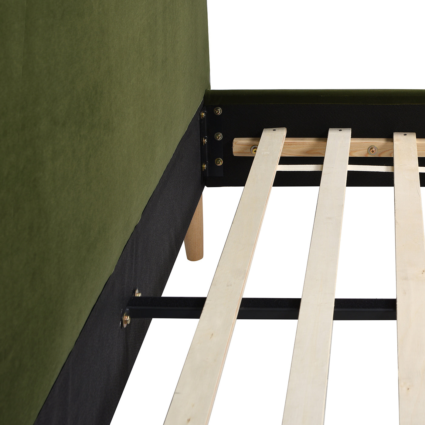 Interior view of the Stockholm Modern Platform Bed frame showing wooden slats and sturdy construction for queen size mattress support.
