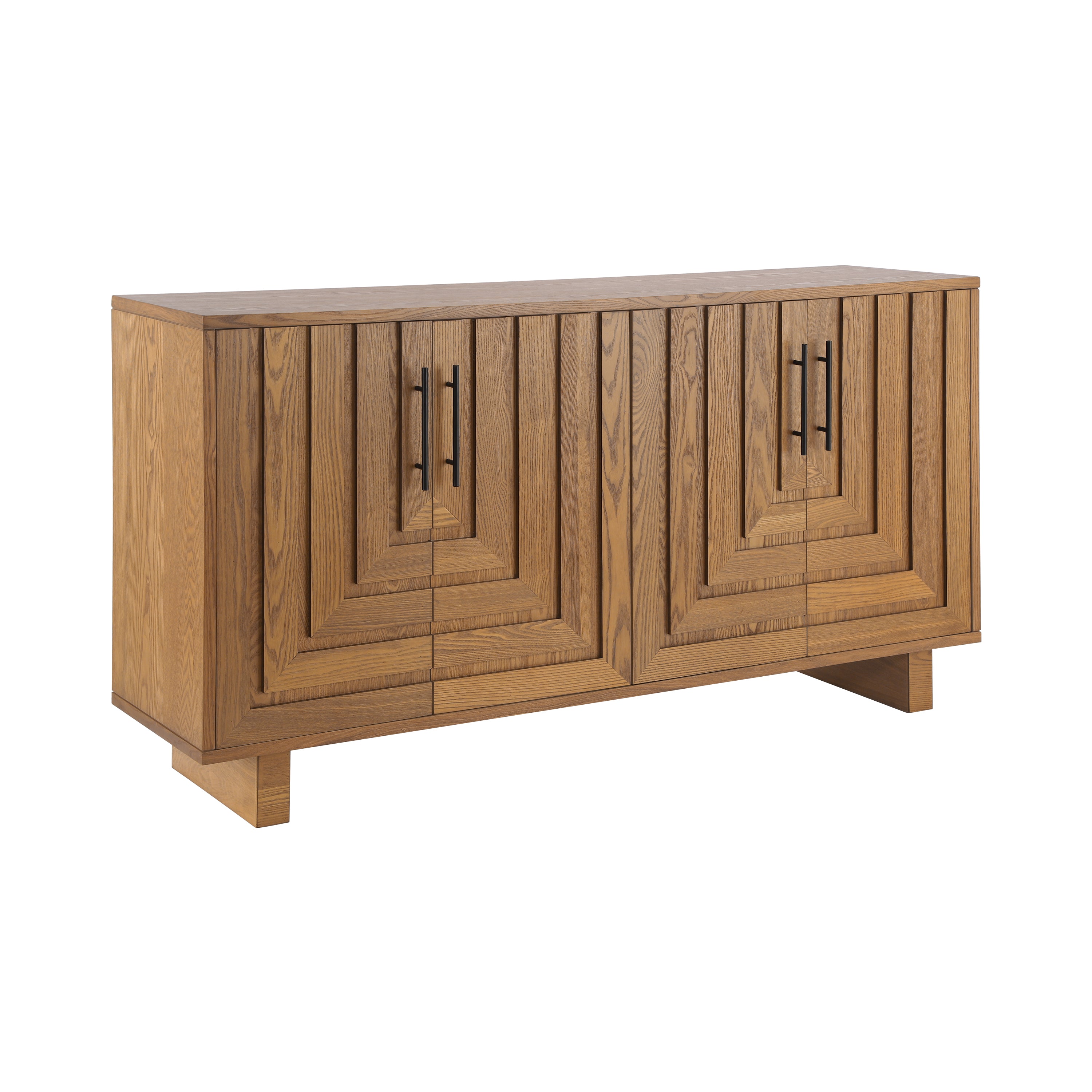 Angled front view of 59'' modern sideboard storage cabinet with natural wood finish and symmetrical panel detailing.