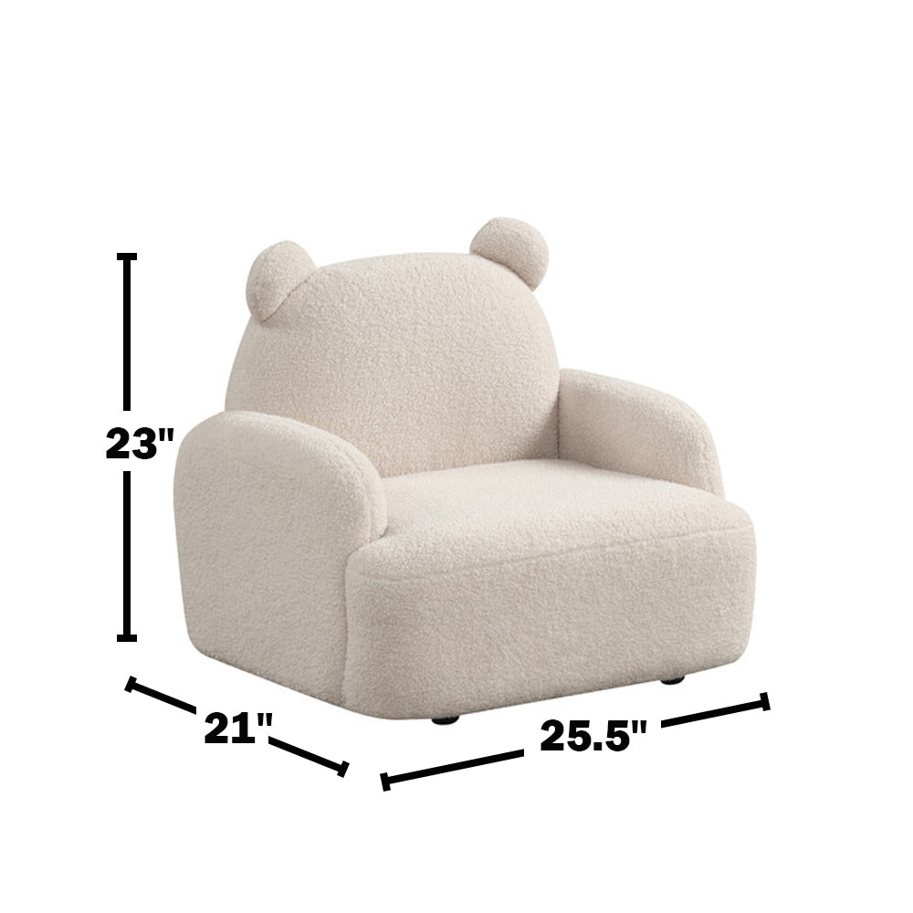 Sherpa bear-shaped kids armchair in beige with dimensions 25.5x21x23 inches, showcasing compact and comfy design for children's furniture.