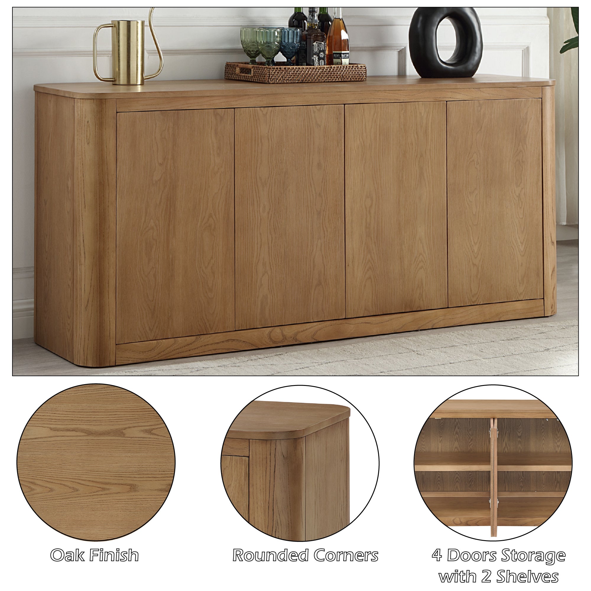 Close-up of Zoey Oak Server showing oak finish, rounded corners, and 4-door storage with 2 interior shelves for organized storage.