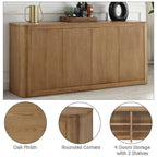 Light oak server with rounded corners, 4-door storage, and oak veneer finish. Complements 8-piece light oak dining set with upholstered chairs.