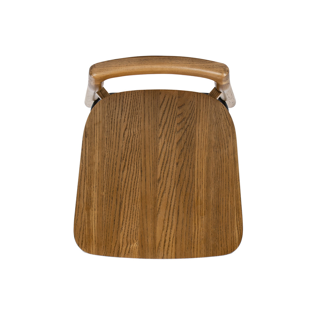 Top-down view of Sven 30' modern low back barstool in dark brown walnut ash wood showing wood grain and seat shape.