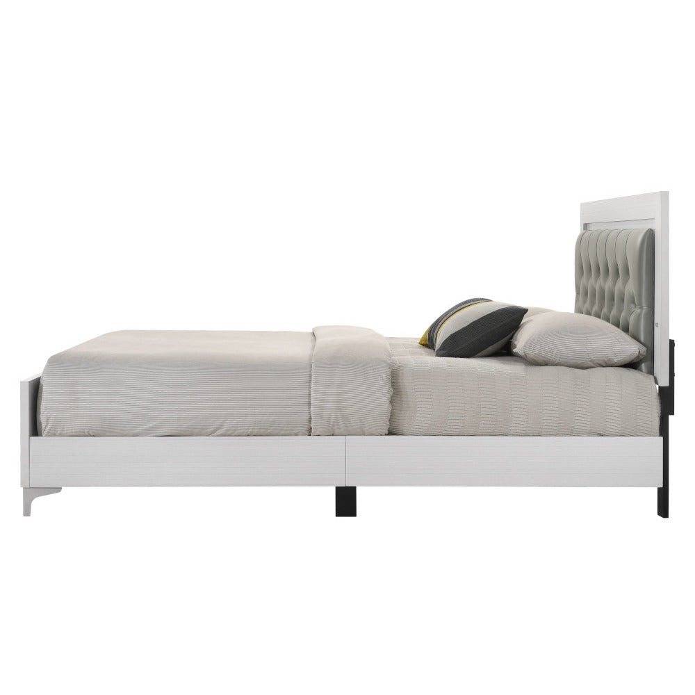 Side view of King Size Platform Bed with LED Headboard, showcasing padded faux leather and sleek white frame for modern bedroom settings.