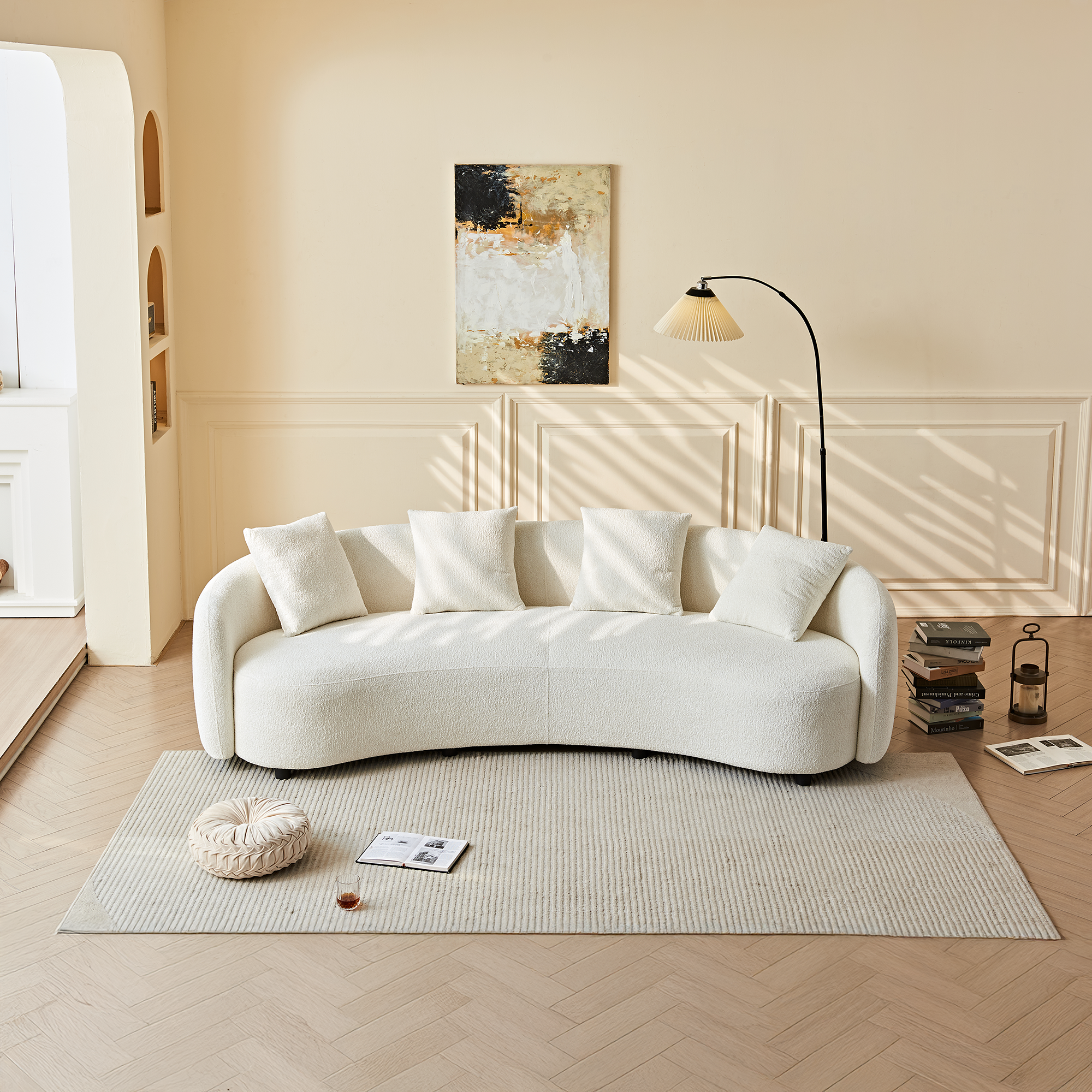 Modern Curved Velvet Sofa with 4 Pillows for Living Room.