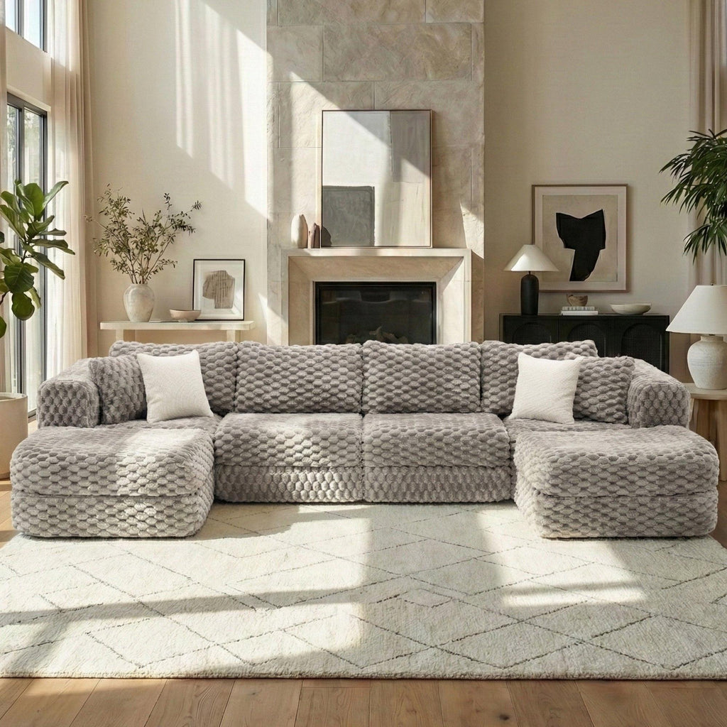 Modular Sectional Sofa Grey Bubble Velvet with Movable Ottomans.