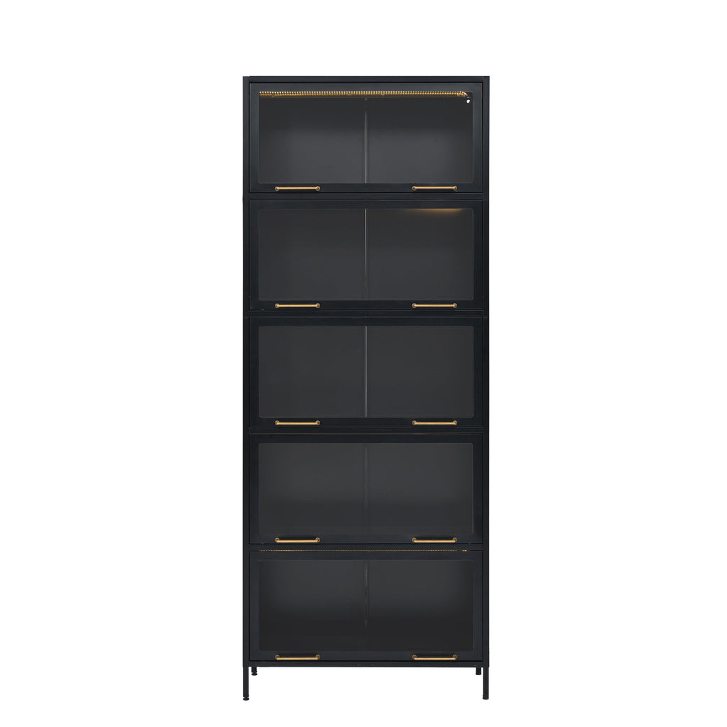 Iron Display Cabinet with Glass Doors - 5-Tier Bookcase.