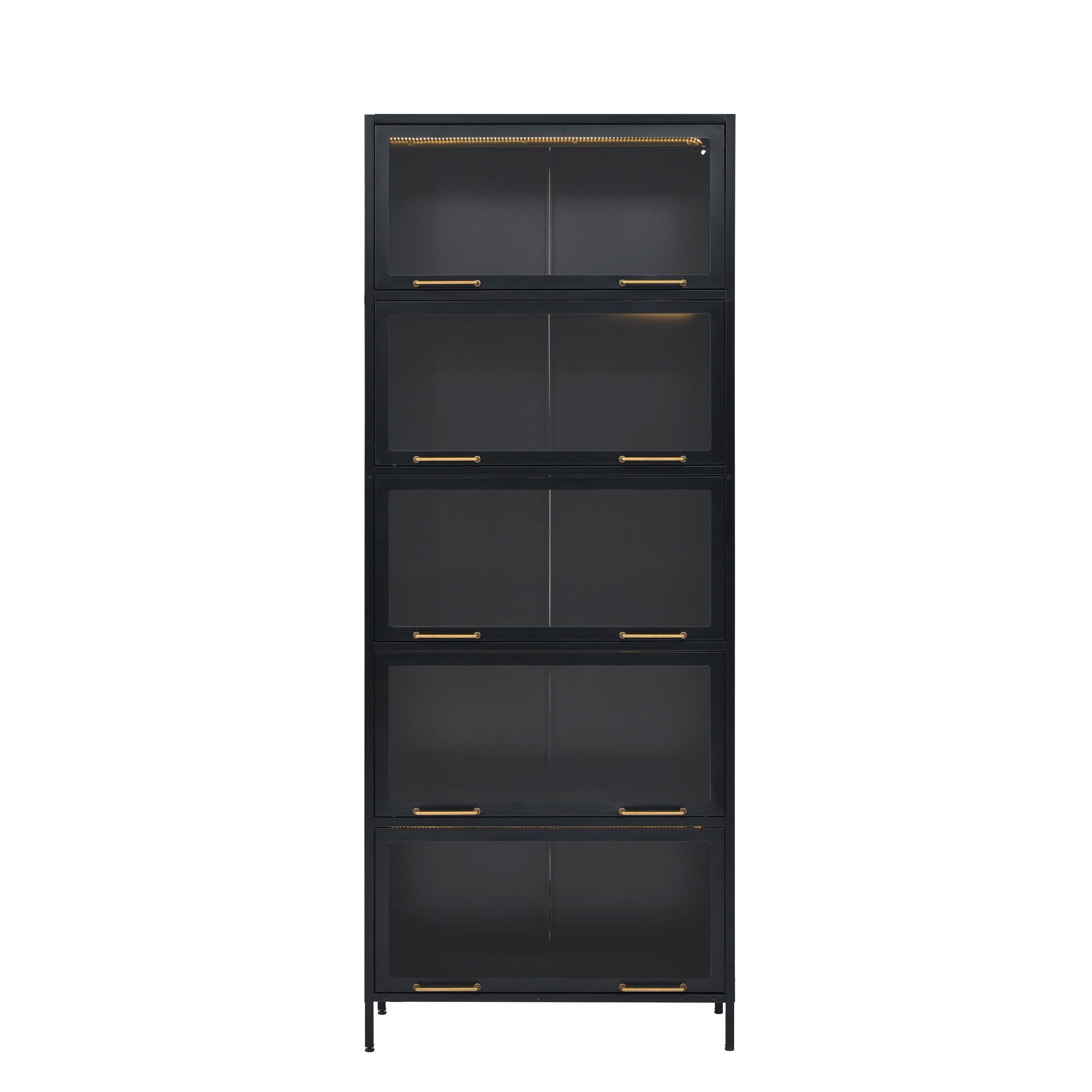 Iron Display Cabinet with Glass Doors - 5-Tier Bookcase.