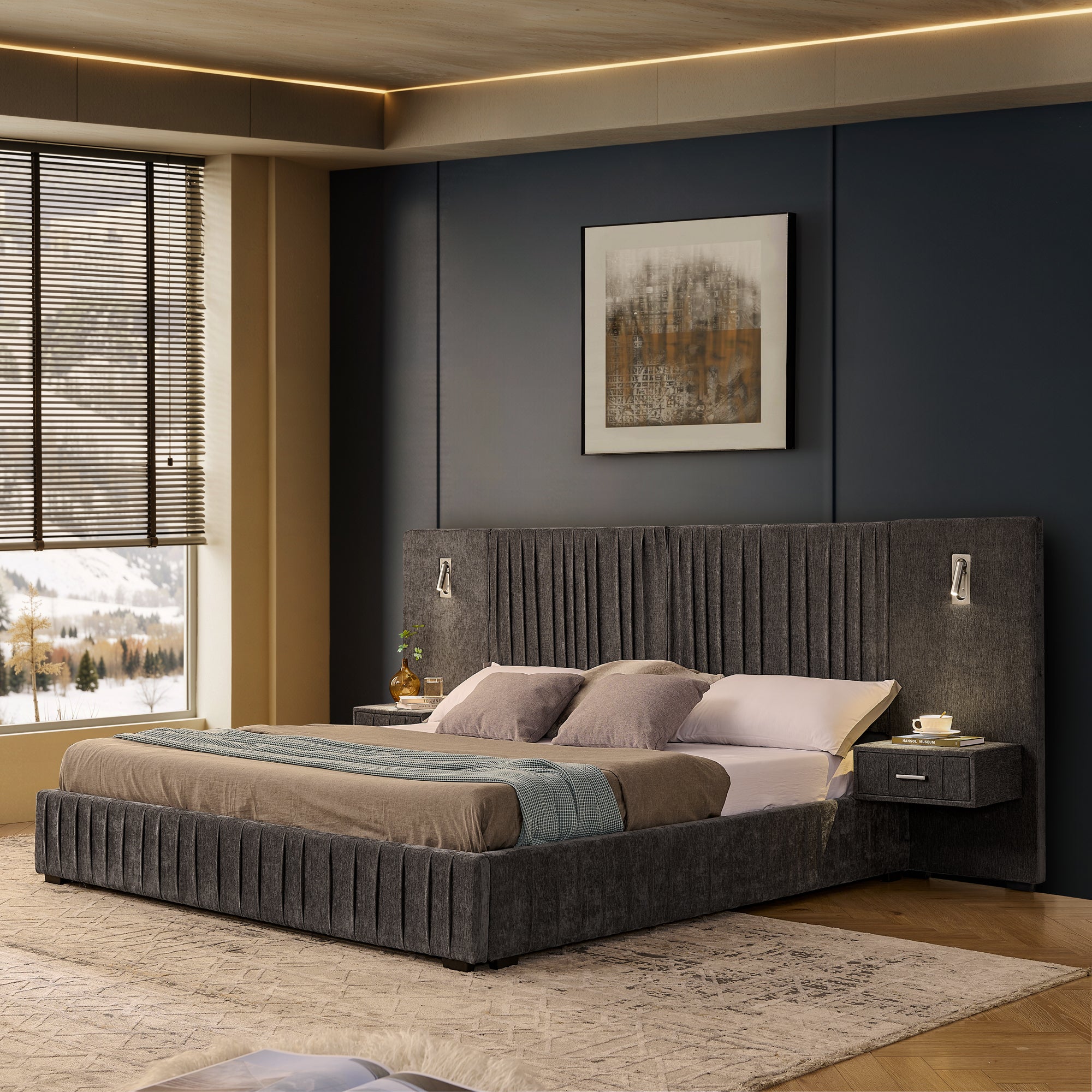 Dark grey chenille king platform bed with a pleated headboard, integrated bedside tables, and built-in reading lights.