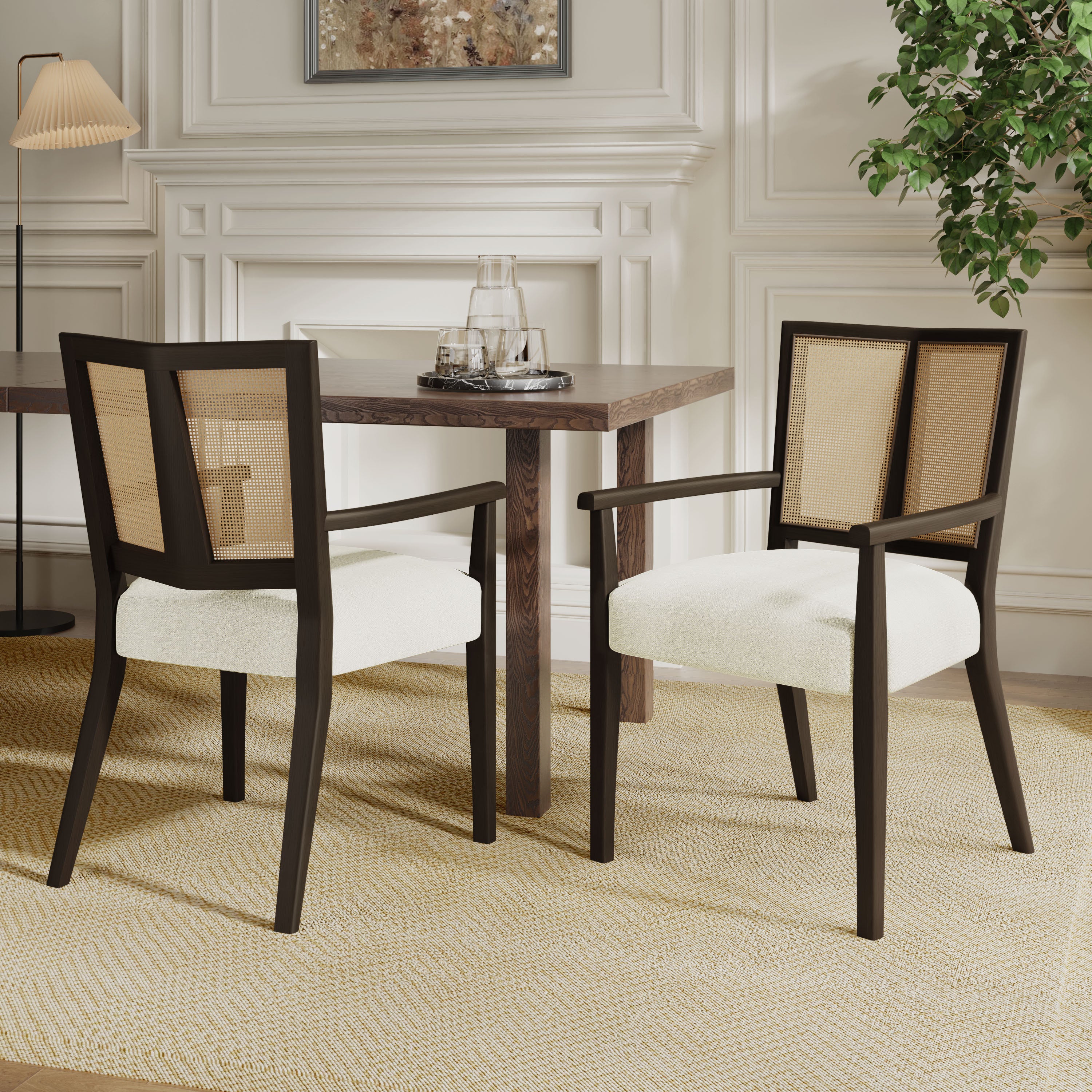 Mid Century Dining Chair Set - Rattan Back styled in elegant dining room with wood table, showcasing its modern and versatile design.