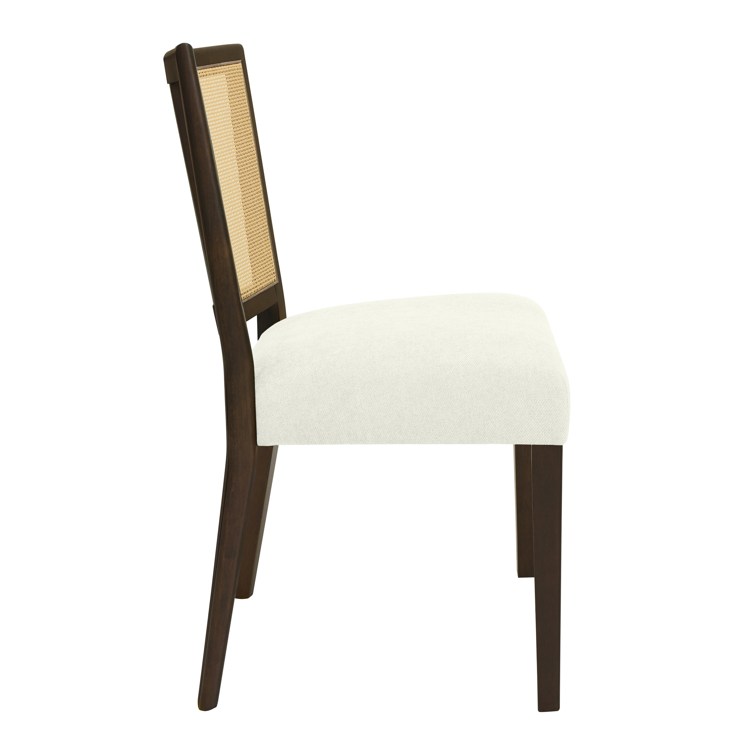 Side profile of Rattan Dining Chair highlighting thick cushioned seat and sleek dark wood frame with mid-century design.