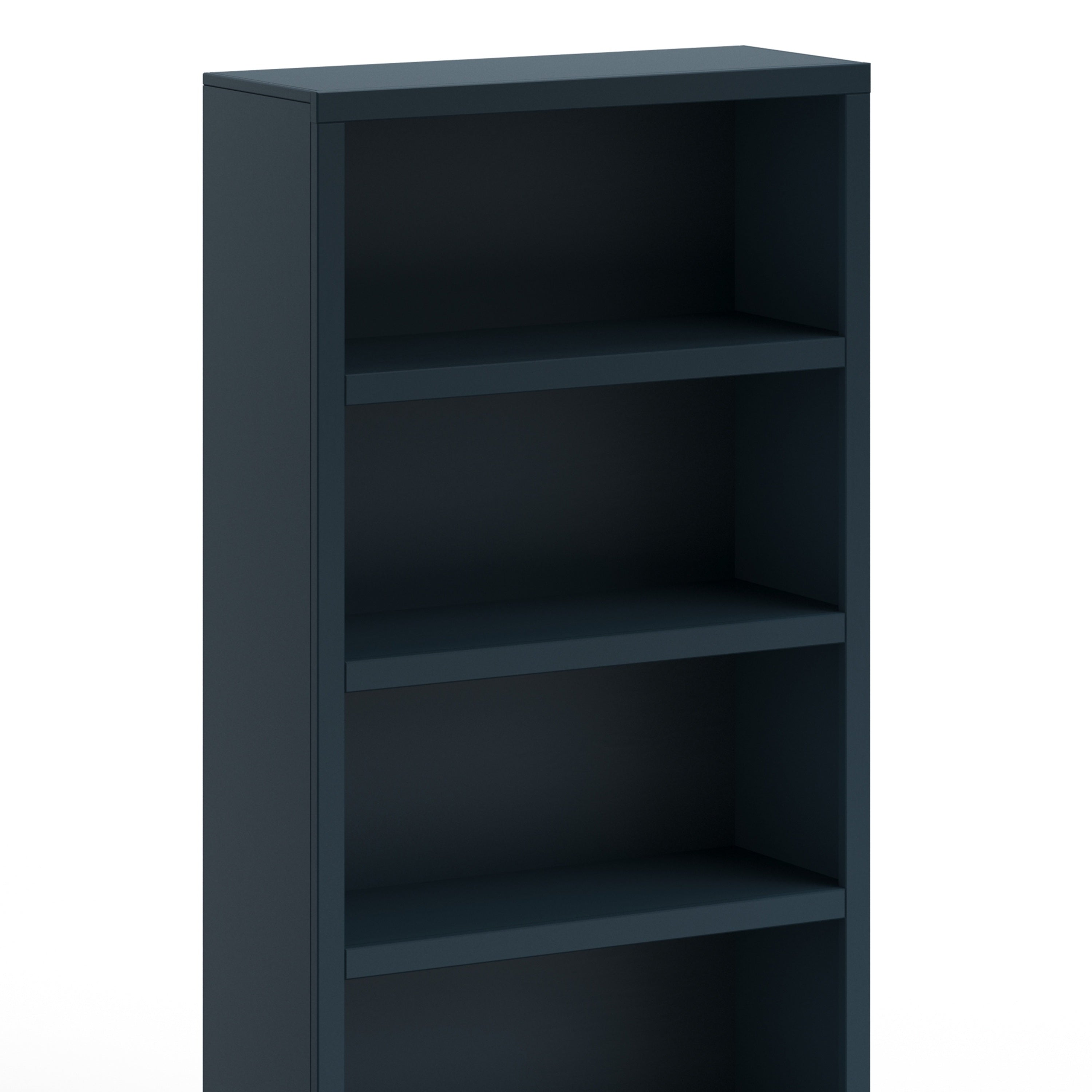 Close-up of the upper shelving on the Nora 82 Inch Bookcase in blue denim finish, showcasing clean lines and ample storage.