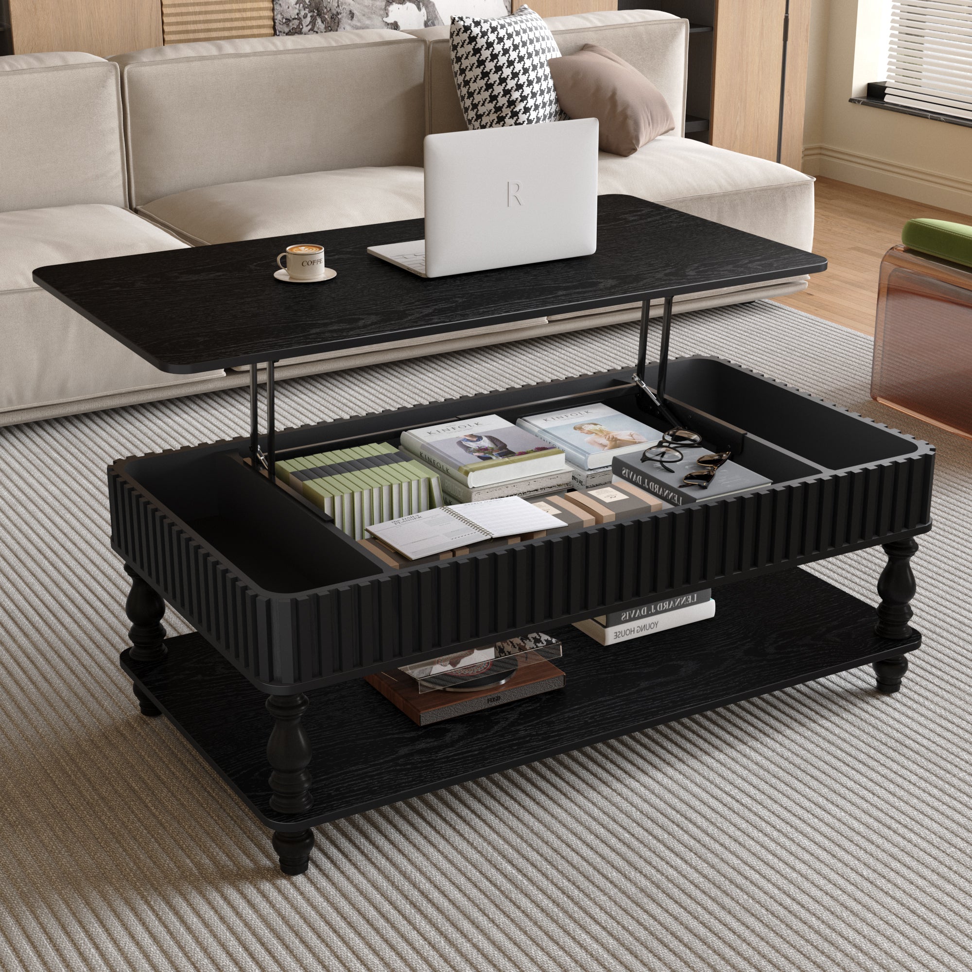 Lift top coffee table with storage in black solid wood, open top reveals hidden compartment for books and workspace use in modern living room.
