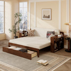 Queen Multifunctional Daybed converted into a bed with visible underbed drawer and dual armrest storage compartments.