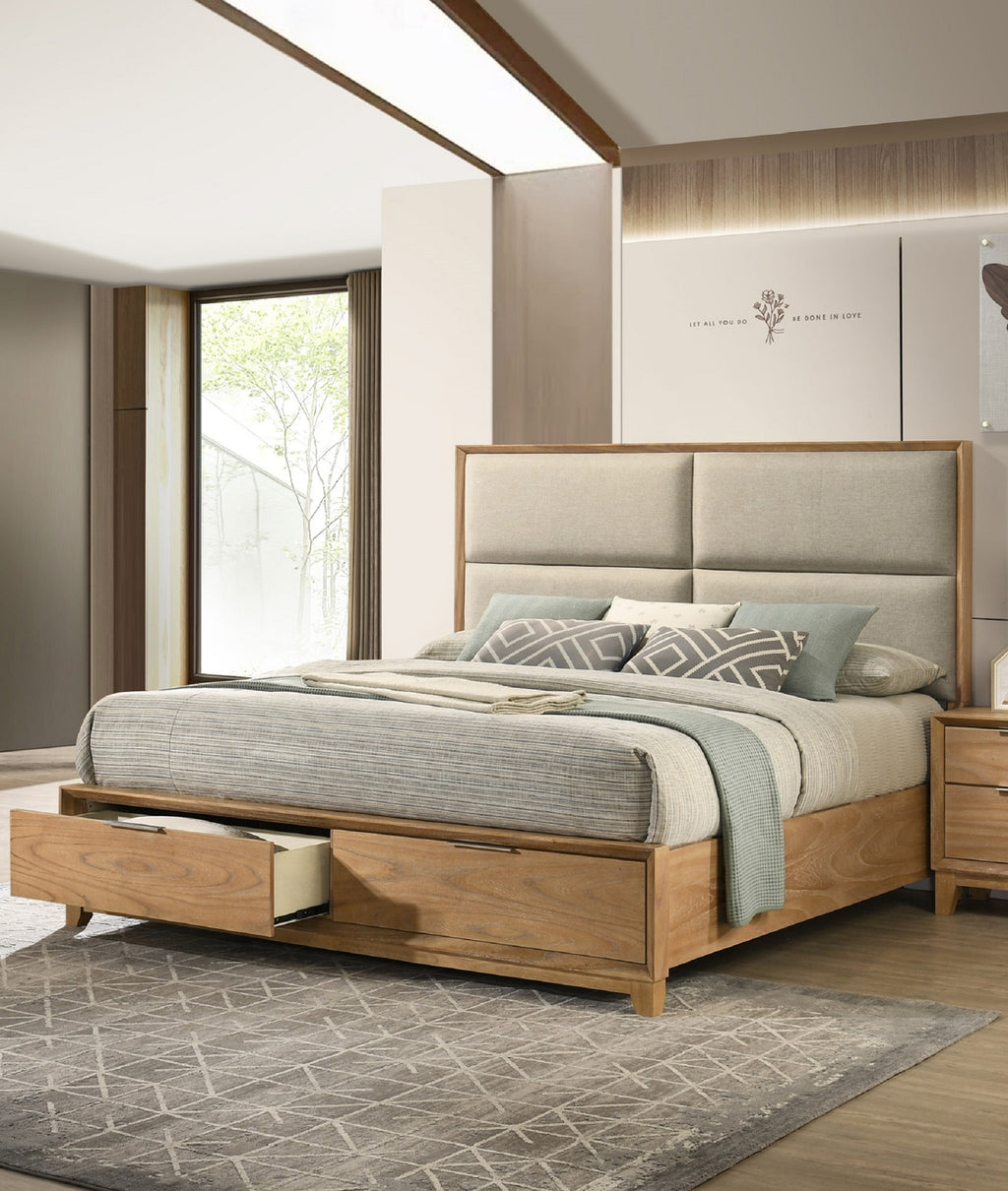 King Storage Platform Bed with Upholstered Headboard in a modern bedroom, featuring open drawers and coordinated bedding for a cozy look.