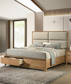 Queen Storage Platform Bed - Solid Wood, Plush - Stylish bedroom setup with bed featuring open drawers and plush headboard in a modern interior.