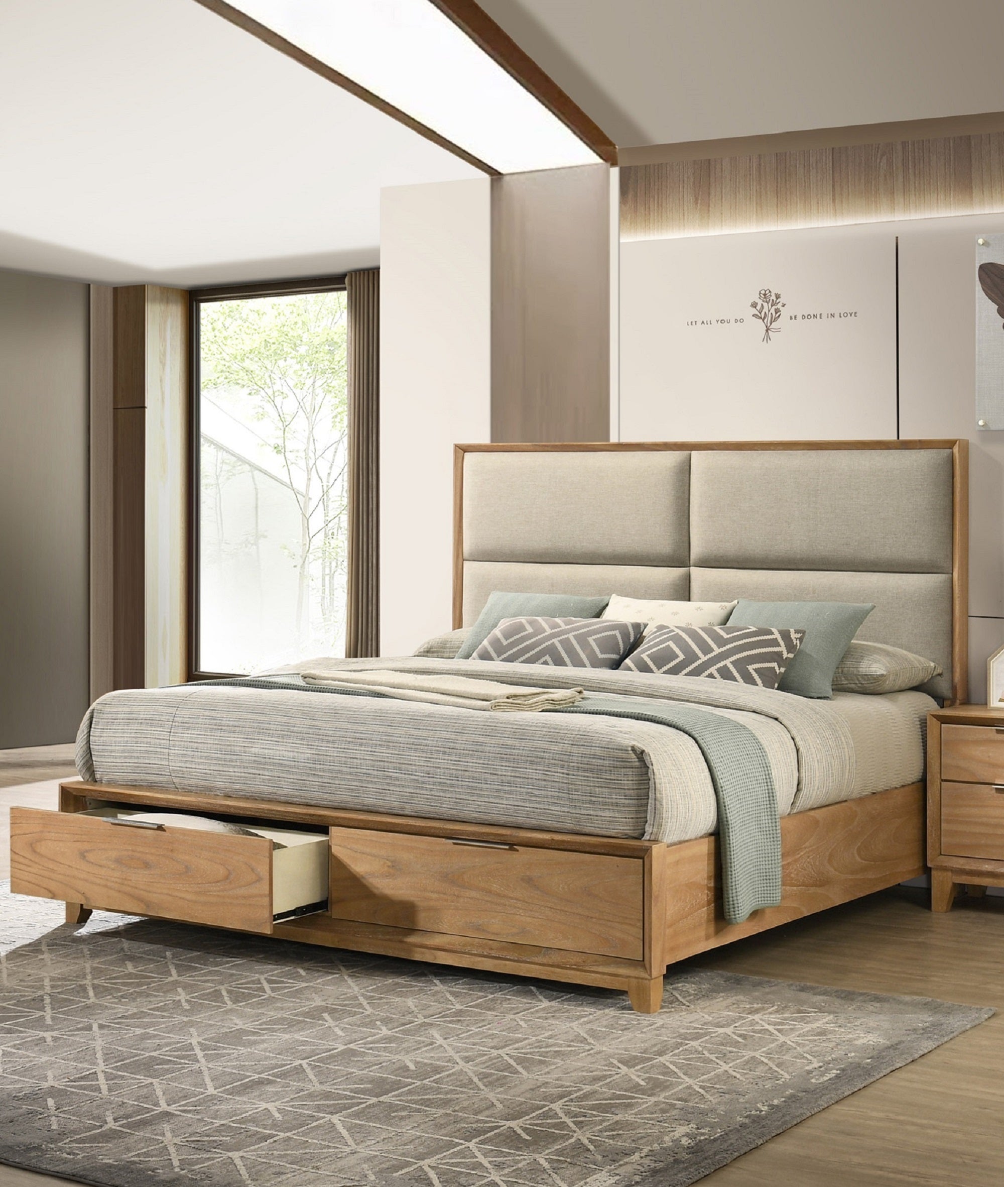 Queen Storage Platform Bed - Solid Wood, Plush - Stylish bedroom setup with bed featuring open drawers and plush headboard in a modern interior.