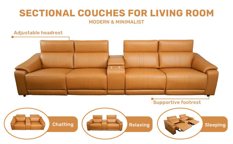 5-Piece Modular Leather Sofa Sectional with Cup Holders.
