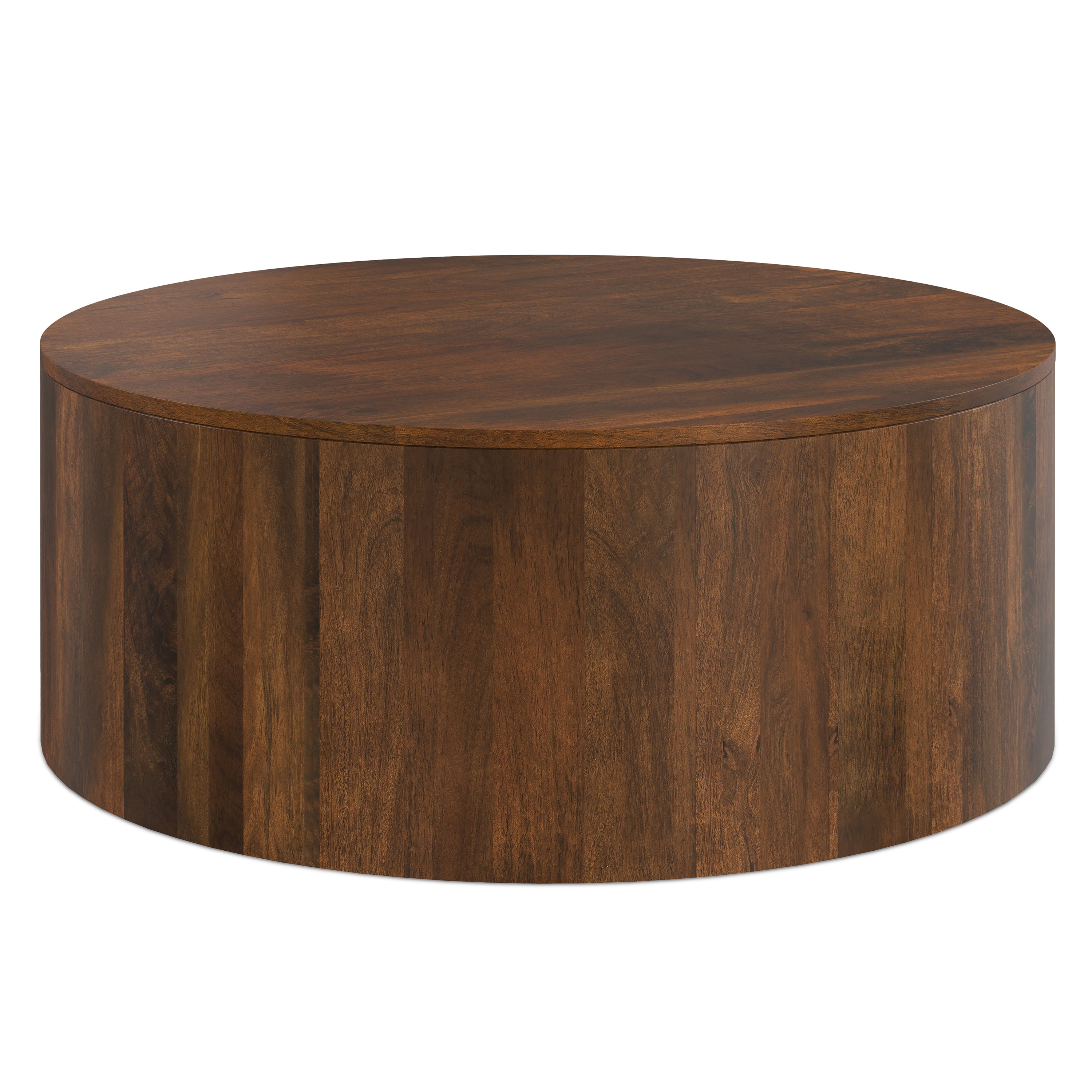 Millbury Drum Coffee Table - Walnut Brown finish, showcasing its sleek round silhouette and modern design for contemporary interiors.
