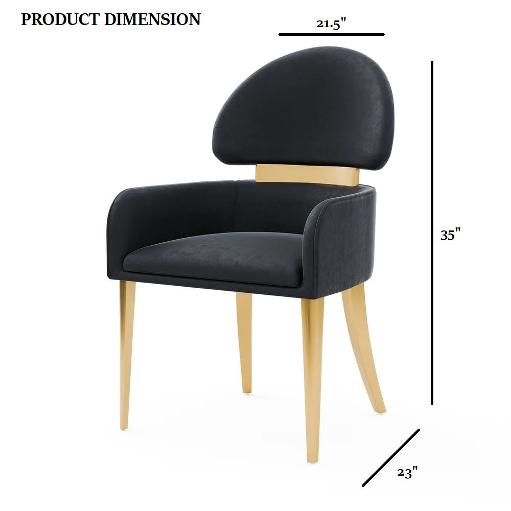 Product dimensions of black dining arm chair: 35 inches tall, 21.5 inches wide, and 23 inches deep, with gold legs and curved backrest.