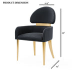 Product dimensions of black dining arm chair: 35 inches tall, 21.5 inches wide, and 23 inches deep, with gold legs and curved backrest.