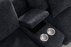 Celine sectional sofa armrest with open storage and dual cupholders. Dark gray upholstery and modern design details.