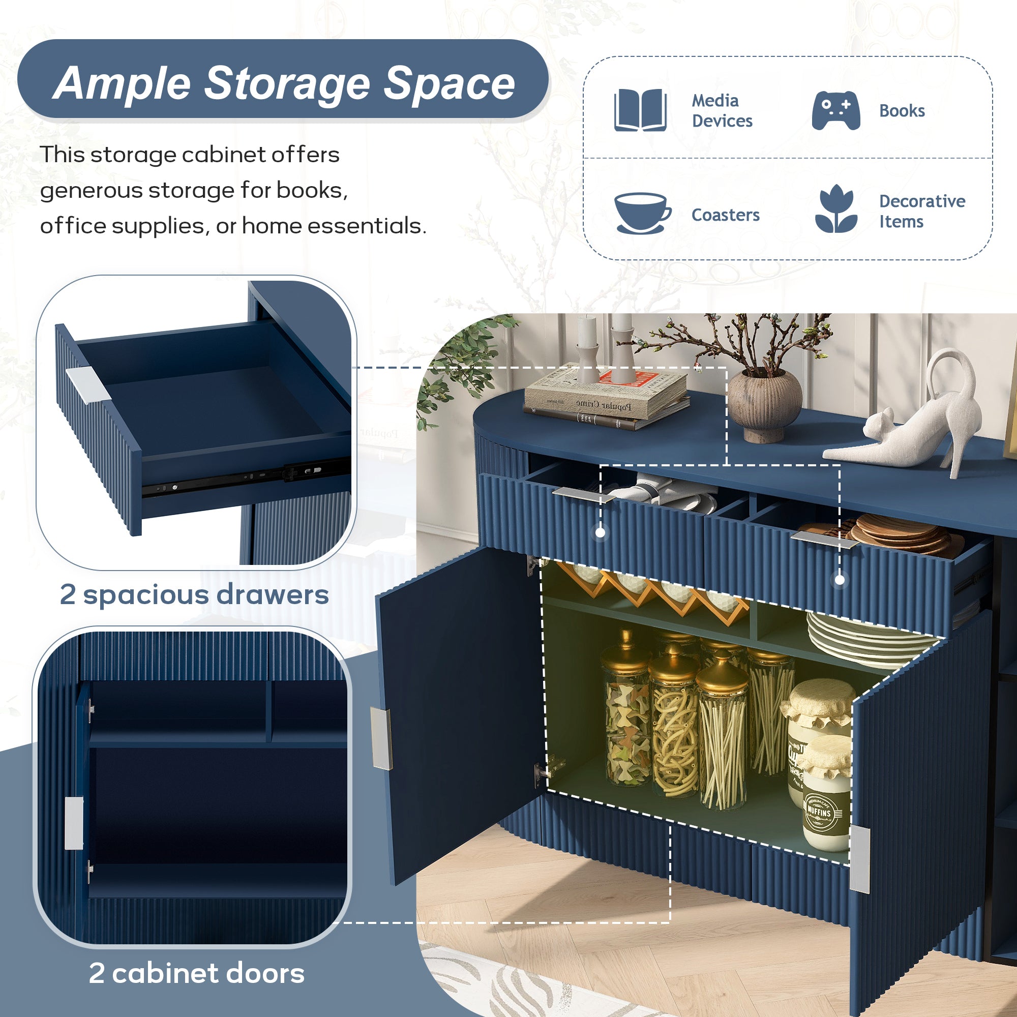 Modern MDF storage cabinet showcasing ample storage space with two drawers, cabinet doors, and compartments for home essentials.