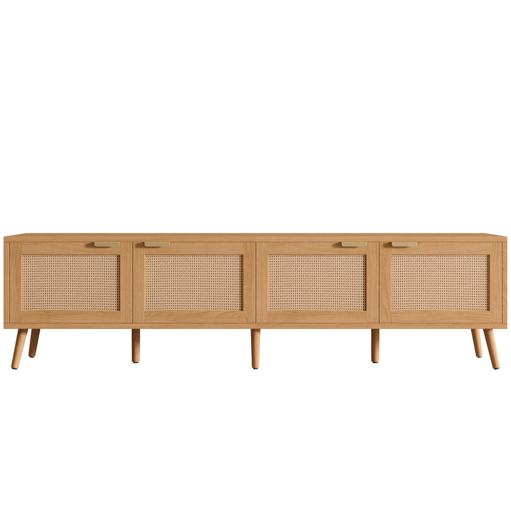 Modern TV Stand with Rattan Doors for 80in TVs.