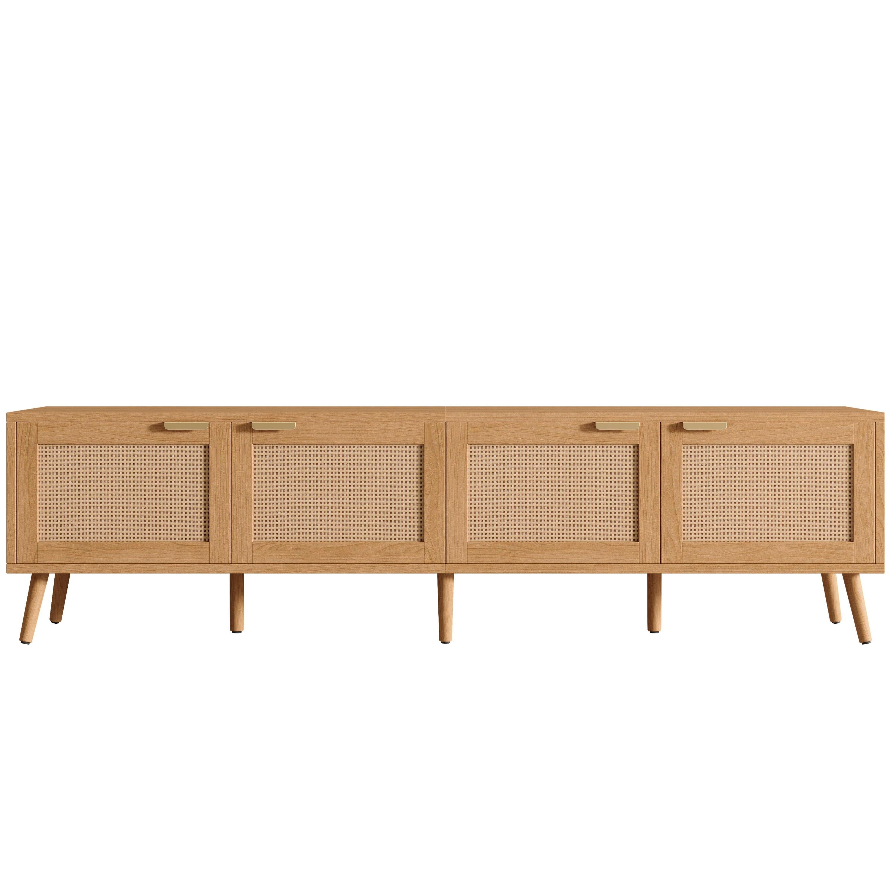 Modern TV Stand with Rattan Doors for 80in TVs.