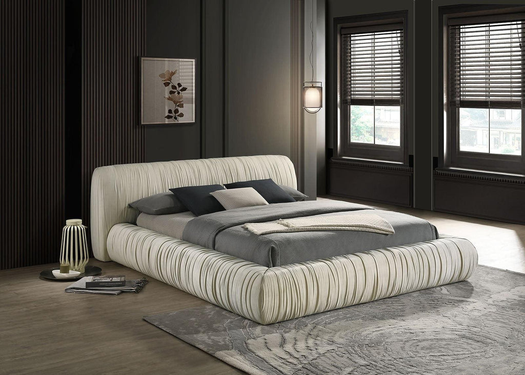 Contemporary Upholstered King Size Bed - Ivory Fabric.