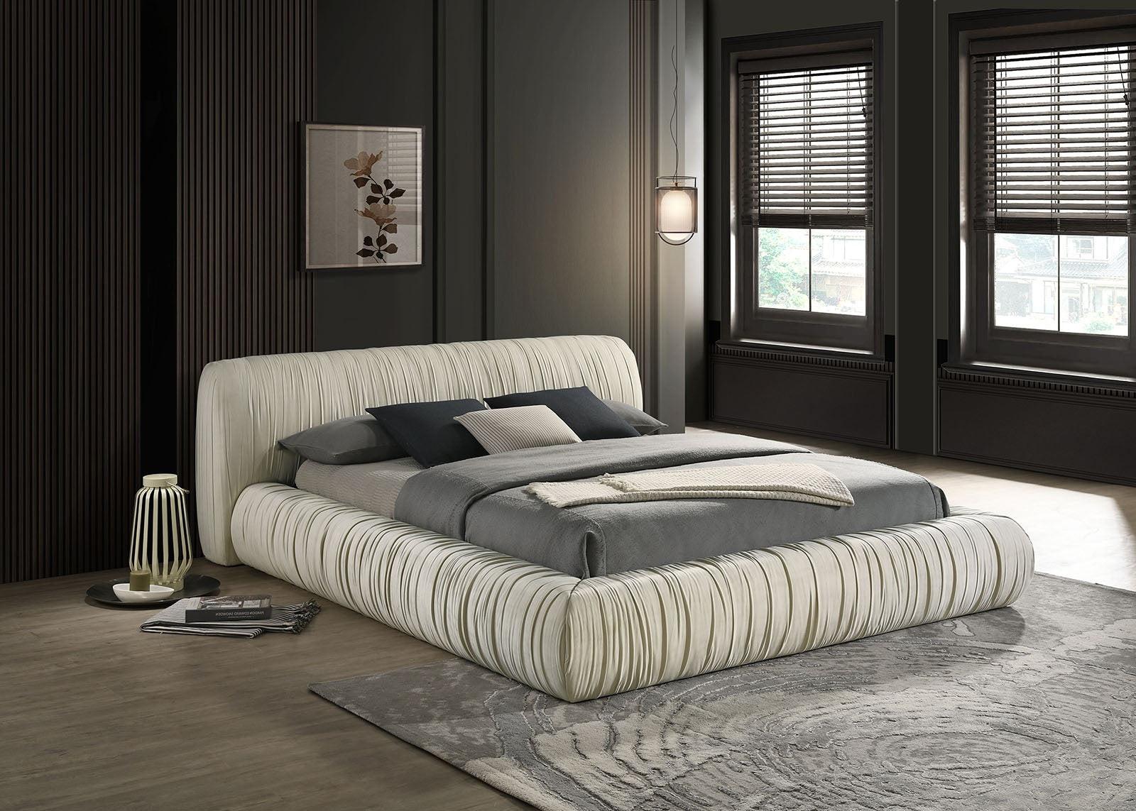 Contemporary Upholstered King Size Bed - Ivory Fabric.