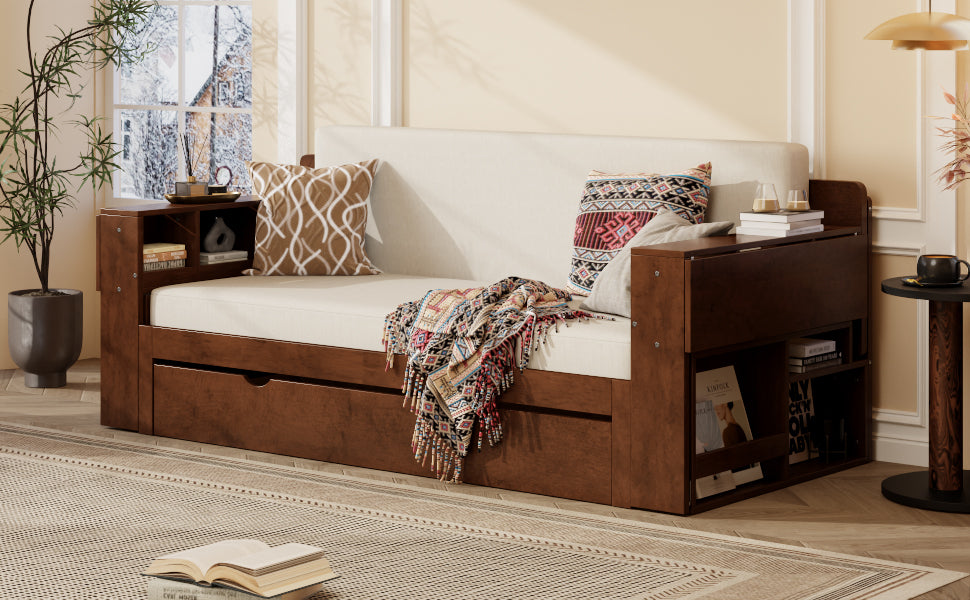 Queen Multifunctional Daybed in sofa mode with cushions, espresso wood finish, and built-in side storage, perfect for small living rooms.