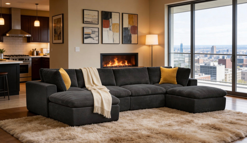 Dark charcoal modular sectional sofa with cream throw and yellow pillows on a shaggy rug in a modern living room.