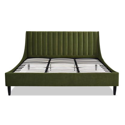 Front-facing view of Aspen Olive Green Velvet King Bed Set without mattress, highlighting vertical tufted headboard and slatted base.