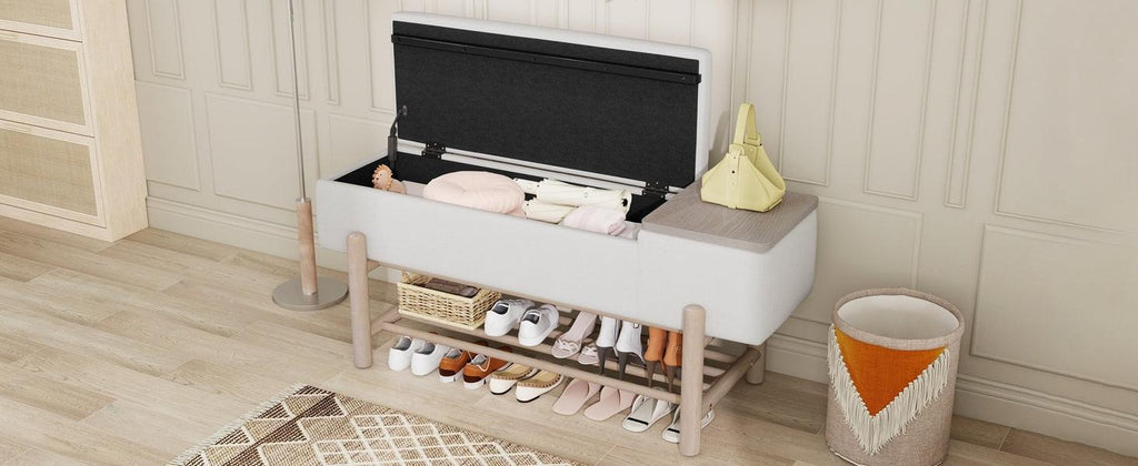 TREXM Farmhouse Upholstered Storage Bench with Hidden Compartment, Modern Entryway Bench for Living Room, Entryway, and Hallways (Natural).