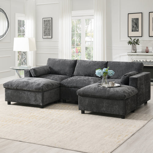 86.5'' modular chenille sofa with storage in a bright living room, featuring plush cushions and movable ottomans for versatile seating.