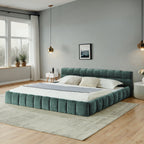 California king platform bed in forest green chenille fabric with a plush, channel-tufted upholstered frame.