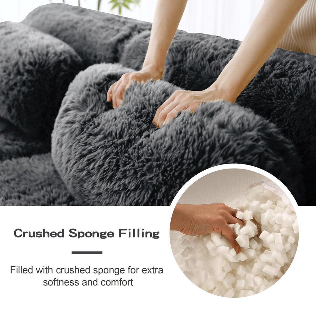Modular 3-Seater Plush Sofa with Movable Ottoman - Dark Grey.