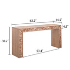 Dimensions of rustic wood console table with log accents: 62.2 inches long, 14.5 inches wide, and 30.7 inches high, perfect for narrow spaces.
