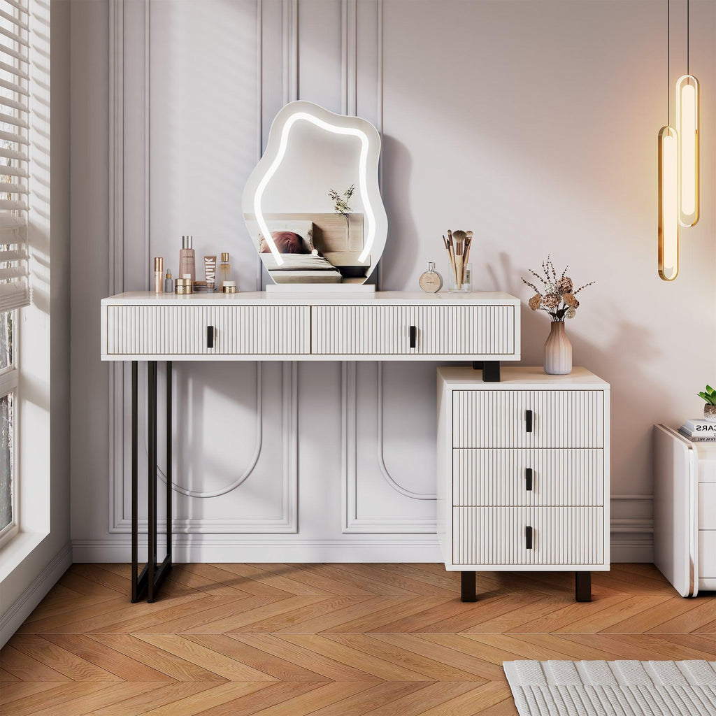 Adjustable Length Vanity with LED Mirror - Modern Makeup Table.
