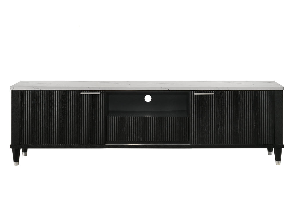 Modern black media console with white faux marble top, fluted sliding doors, open shelving, and tapered legs.