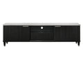 Modern black media console with white faux marble top, fluted sliding doors, open shelving, and tapered legs.