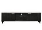 Modern black media console with white faux marble top, fluted sliding doors, open shelving, and tapered legs.