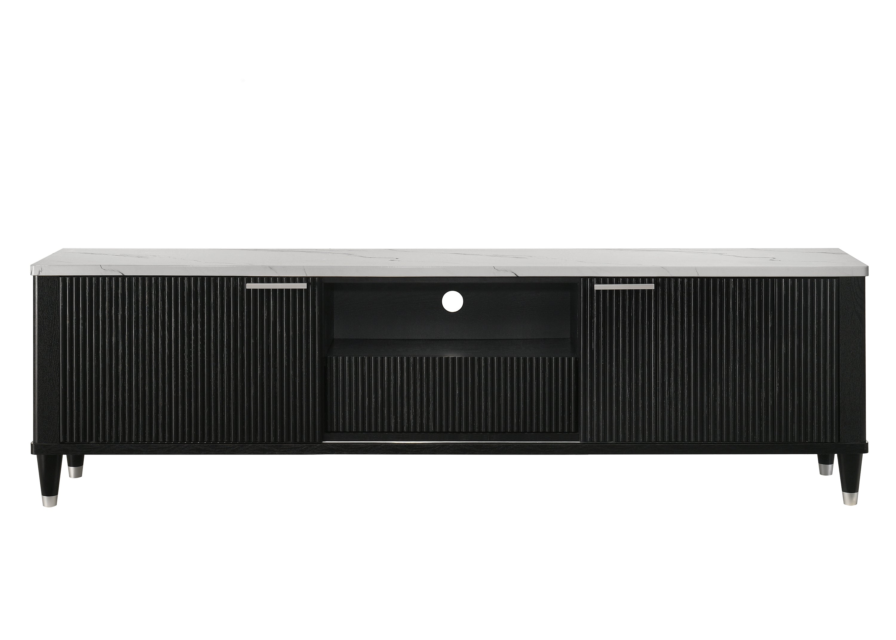 Modern black media console with white faux marble top, fluted sliding doors, open shelving, and tapered legs.