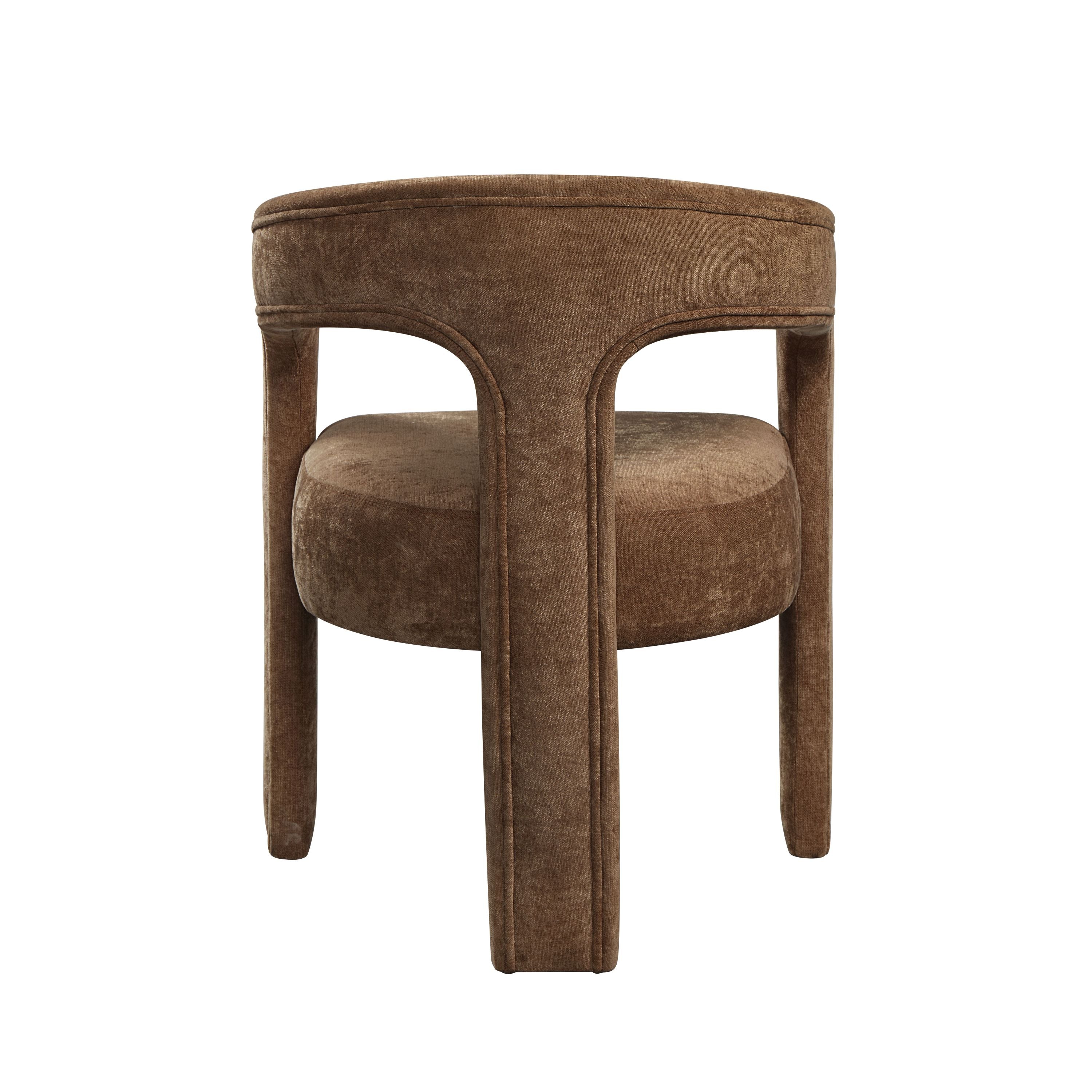 Rear view of brown linen armchair with rounded back and sturdy frame, part of a comfortable and durable seating set.