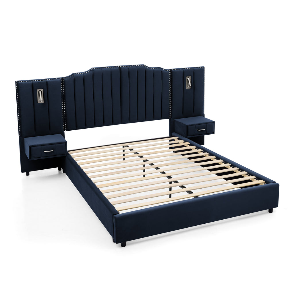 Queen upholstered bed frame velvet in navy blue with vertical tufted headboard, built-in bedside tables, and no box spring design.