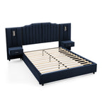 Queen upholstered bed frame velvet in navy blue with vertical tufted headboard, built-in bedside tables, and no box spring design.