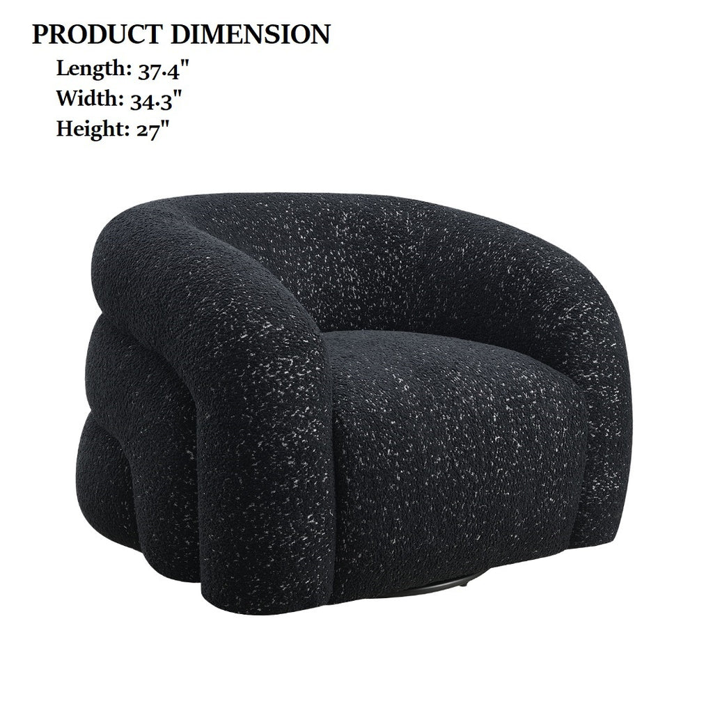 Black swivel chair with dimensions: 37.4" length, 34.3" width, 27" height. Features curved back and boucle fabric for modern interiors.
