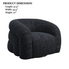 Black swivel chair with dimensions: 37.4" length, 34.3" width, 27" height. Features curved back and boucle fabric for modern interiors.
